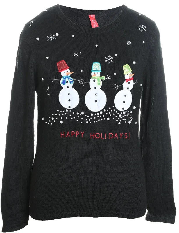 Snowman Design Black Knit Christmas Jumper - S Ribbed Striped Patterned