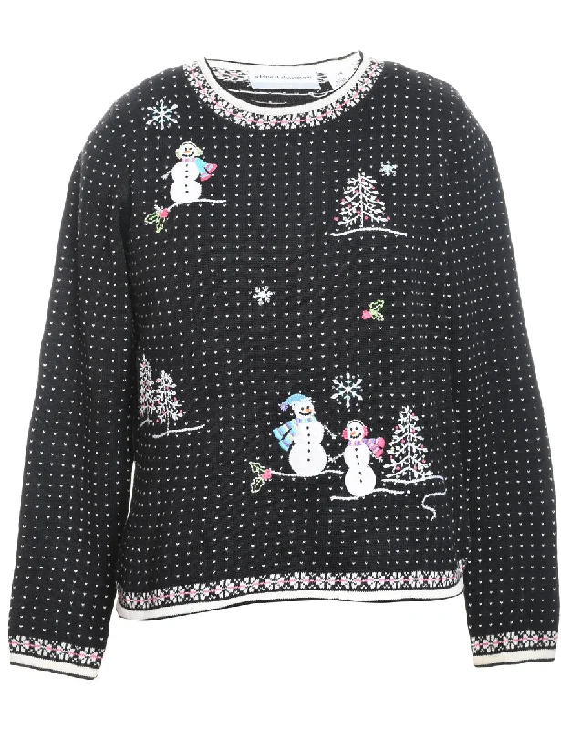 Snowman Design Black & White Embroidered Christmas Jumper - S Welt Pockets Slit Pockets Flap Pockets