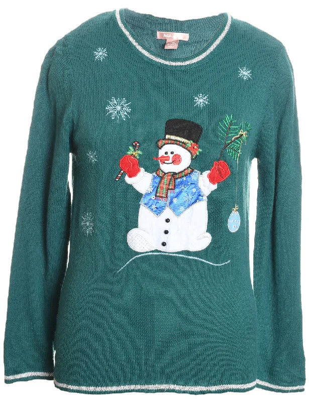 Snowman Design Green Knit Appliqued Christmas Jumper - M High Neck Crew Neck V-Neck