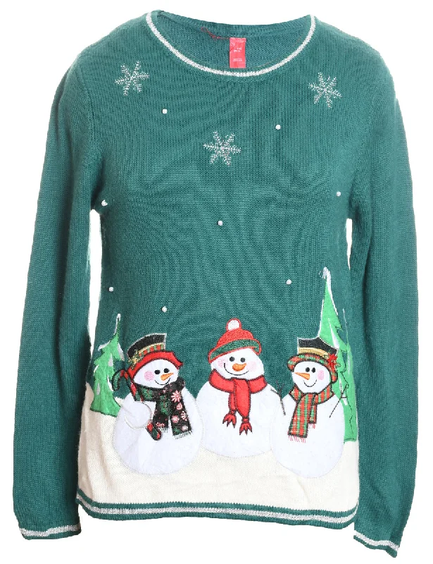 Snowman Design Green Knit Christmas Jumper - S Chenille Fabric Brocade Fabric Lace Fabric