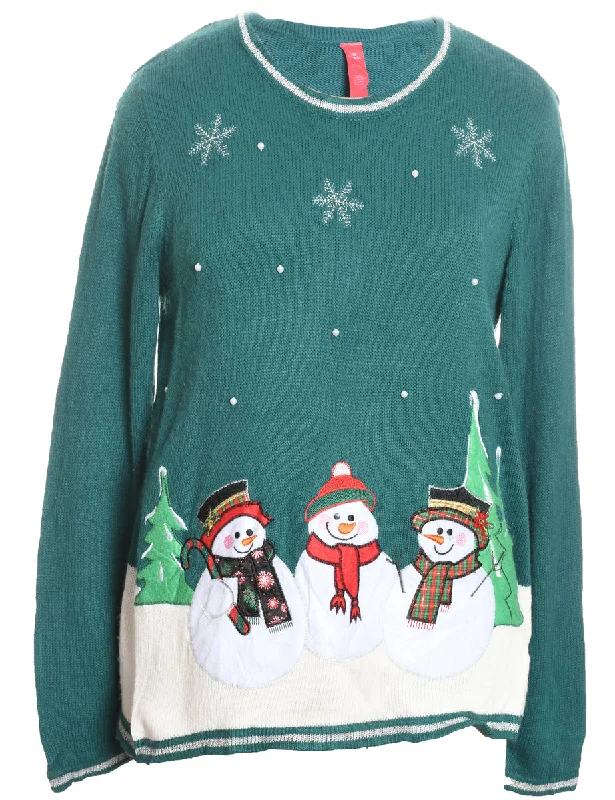 Snowman Design Green Knit Embroidered Christmas Jumper - L Layered Multi-layer Single Layer