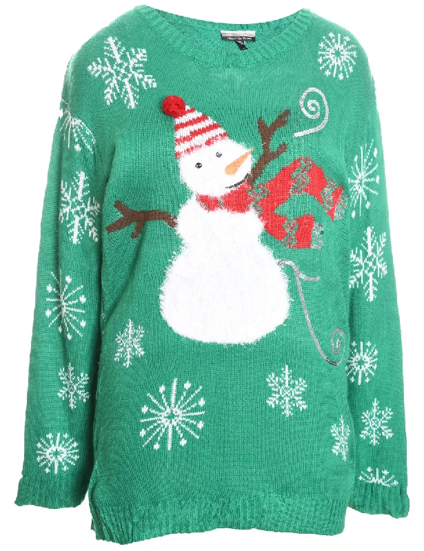 Snowman Design Green Striped Knit Christmas Jumper - XL Anti-Pilling Anti-Shrink Durable