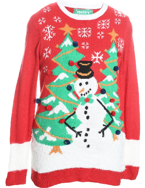 Snowman Design Red, Green & White Jumper - M Velvet Chenille Corduroy