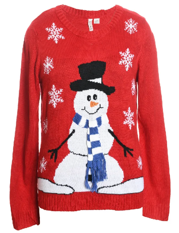 Snowman Design Red Knit Christmas Jumper - L Long Sweater Short Sweater Cropped Sweater