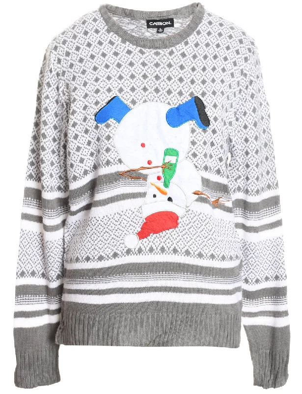 Snowman Design White & Grey Knit Christmas Jumper - L Solid Print Embellished