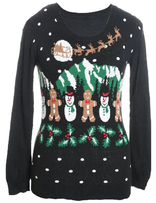 Snowman & Gingerbread Design Knit Christmas Jumper - S Slim Fit Regular Fit Oversized