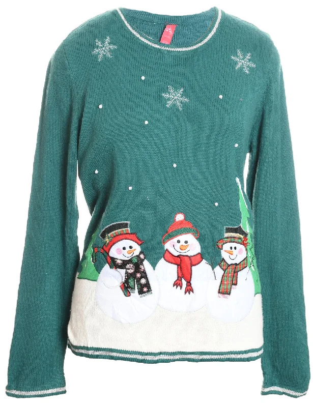 Snowman Green Appliqued Christmas Jumper - M Tailored Straight A-Line