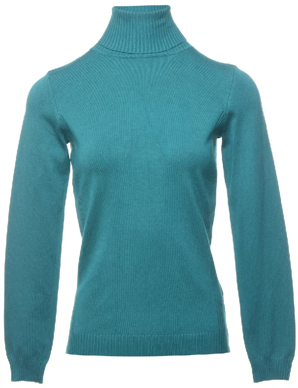 Teal Turtleneck Jumper - M Cashmere Blend Cotton Blend Poly Blend