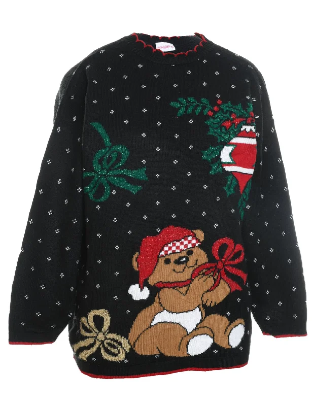 Teddy Bear Print Christmas Jumper - M Thin Thick Dense