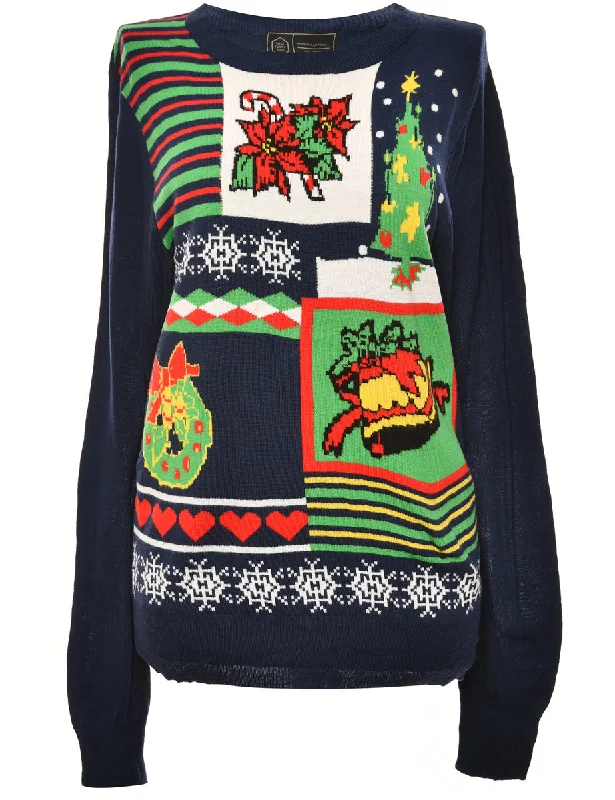 Tree Print Navy Christmas Jumper - M Neon Metallic Matte