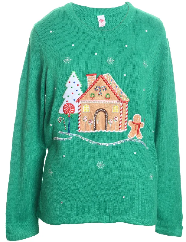 Winter Scene Green Knit Christmas Jumper - L Seamless Knitted Crochet