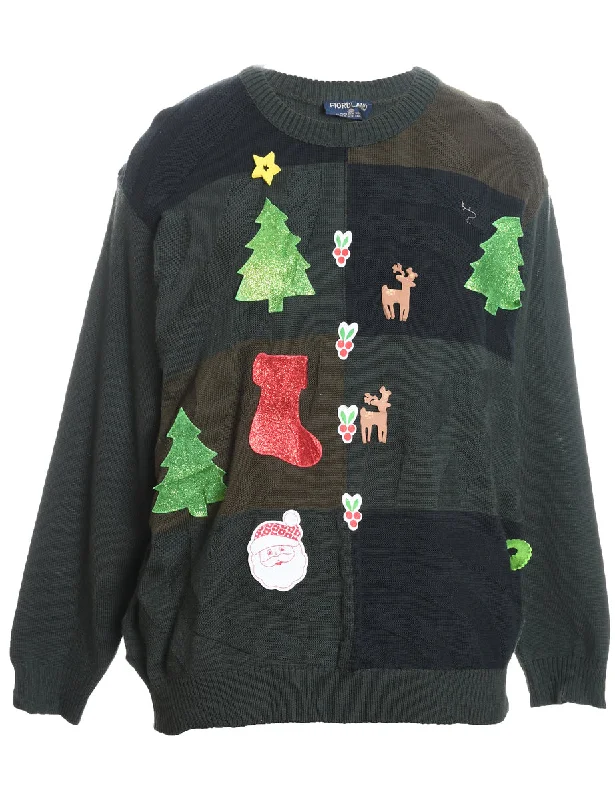 Wool Dark Green Knit Christmas Jumper - M Terry Terry Cloth Terry Knit