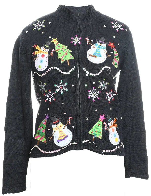 Zip-Front Appliqued Christmas Jumper  - M Denim Fabric Leather Fabric Suede Fabric