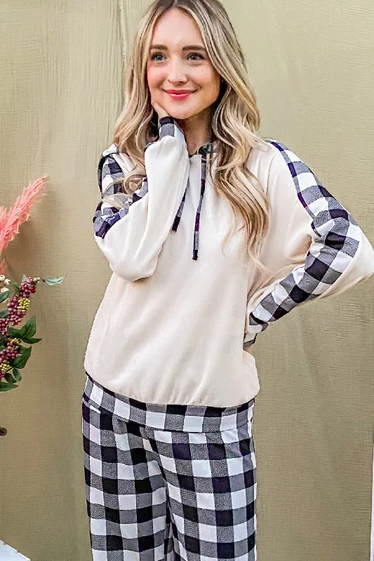 And The Why Drawstring Hooded Top and Plaid Pants Lounge Set Hoodie with Frayed Bohemian Relaxed