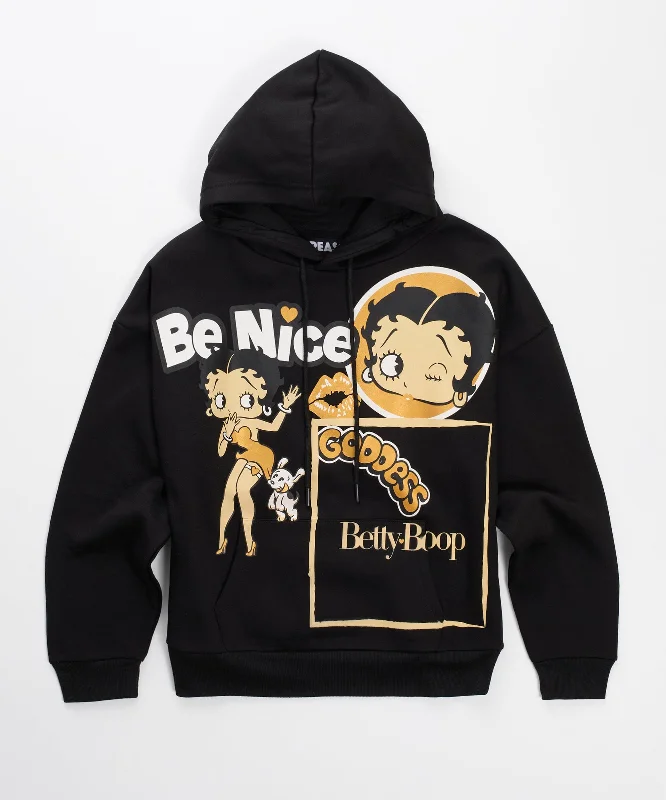 Women Betty Boop Golden Hoodie - Black Hoodie with Hem Raw Edge Edgy Unfinished