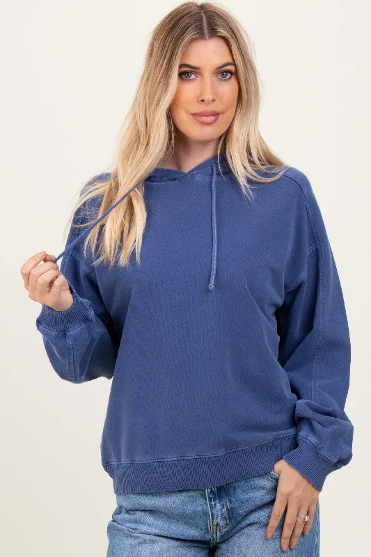 Blue French Terry Hooded Sweatshirt Hoodie with Side Slits Relaxed Casual