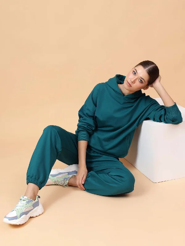 Fitkin Women Solid Teal Green CozyCore Fleece Hoodie Hoodie with High-Low Hem Asymmetrical Trendy