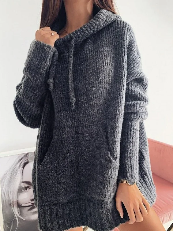 Gray Casual Knitted Hoodie Sweater Hoodie with Ribbed Hem Stretchable Secure