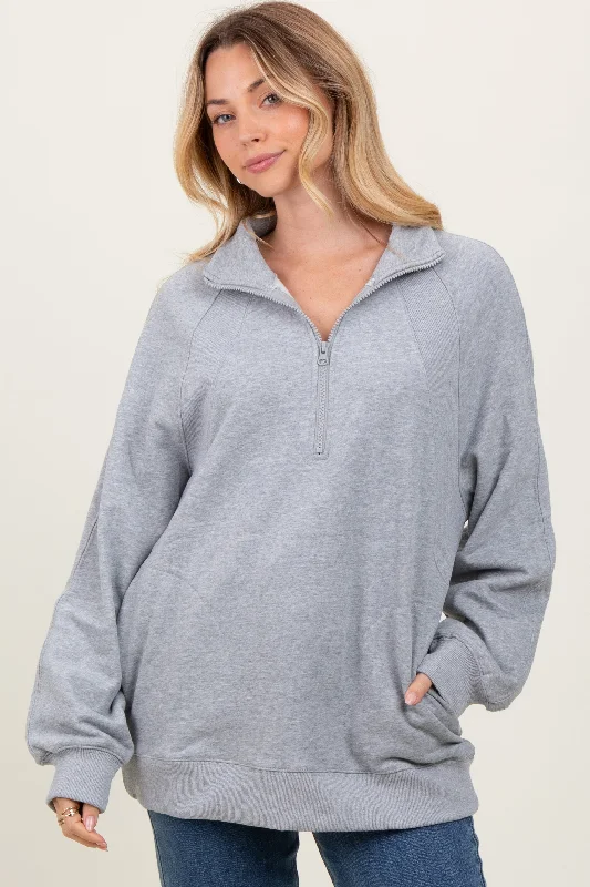 Heather Grey Half Zip Contrast Rib Sweatshirt Top Hoodie with Pattern Geometric Abstract