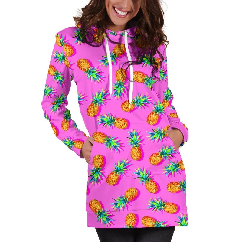 Hot Pink Pineapple Pattern Print Pullover Hoodie Dress Hoodie with High-Low Hem Asymmetrical Trendy