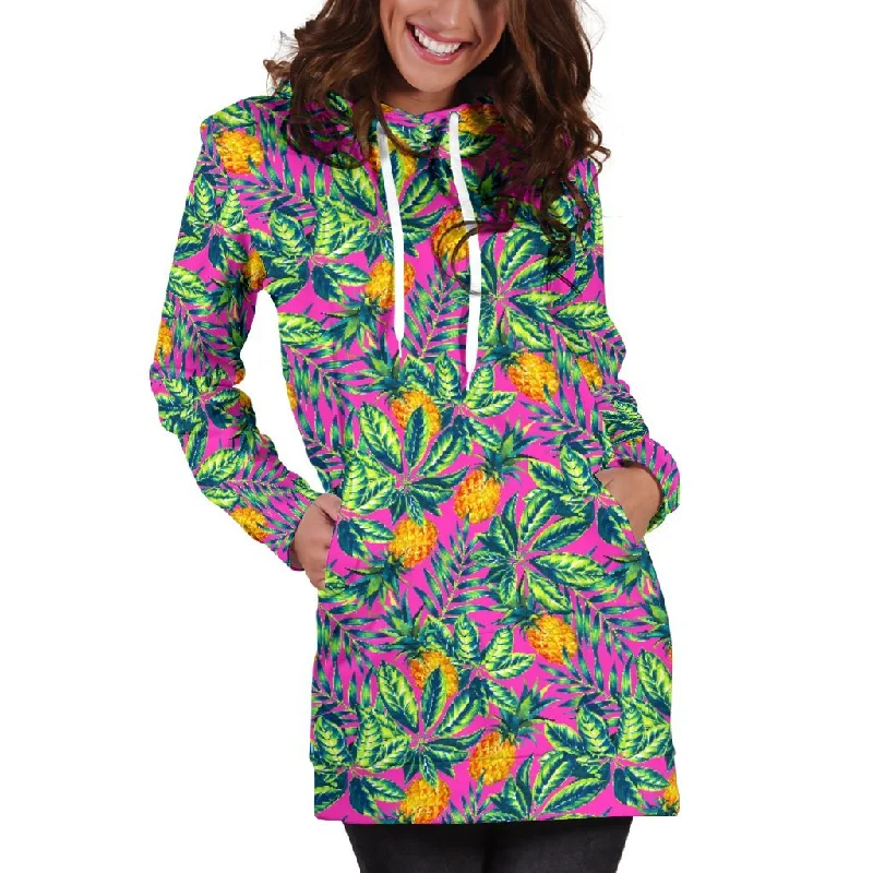 Hot Purple Pineapple Pattern Print Pullover Hoodie Dress Hoodie with Ribbed Cuffs Snug Fit Comfort