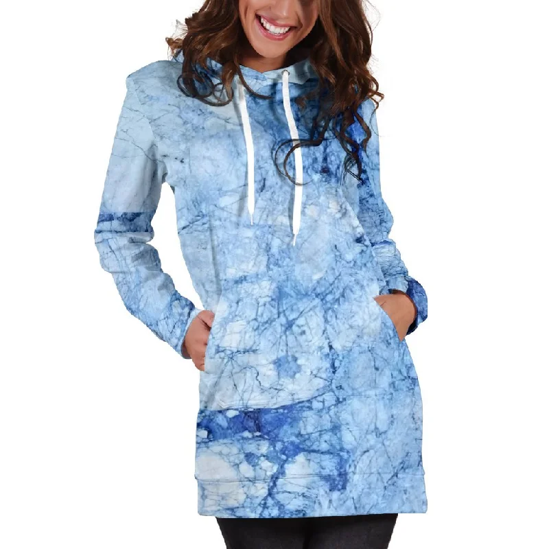 Ice Blue Marble Print Pullover Hoodie Dress Hoodie with Belted Waist Structured Tailored