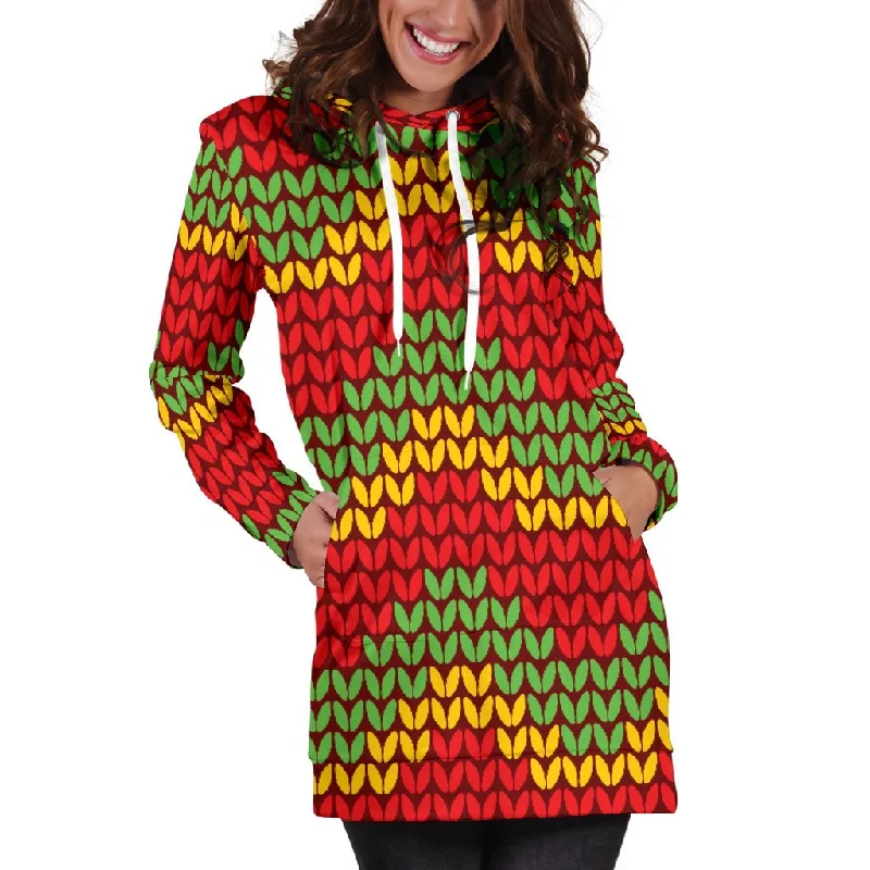 Knitted Reggae Pattern Print Pullover Hoodie Dress Hoodie with Hem Embroidery Detailed Premium