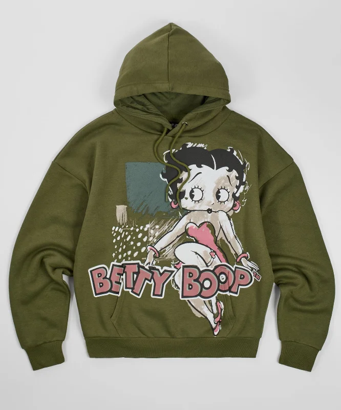 Women Betty Boop Chalk Hoodie - Olive Green Hoodie with Front Slit Layering Stylish