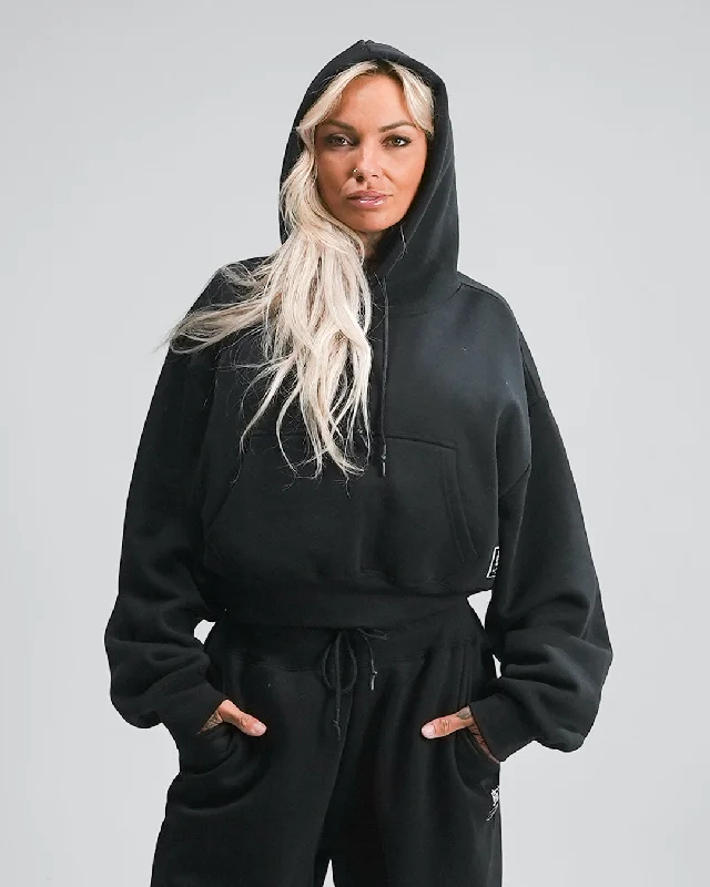 WOMENS OVERSIZED CROP HOODIE - BLACK Hoodie with Typography Text Message