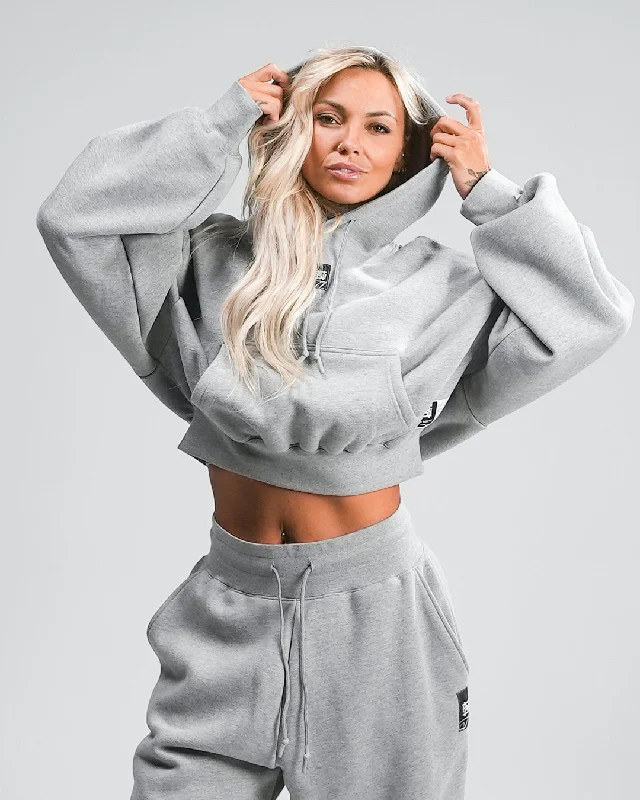 WOMENS OVERSIZED CROP HOODIE - HEATHER GREY Hoodie with Hem Elastic Stretchable Comfortable