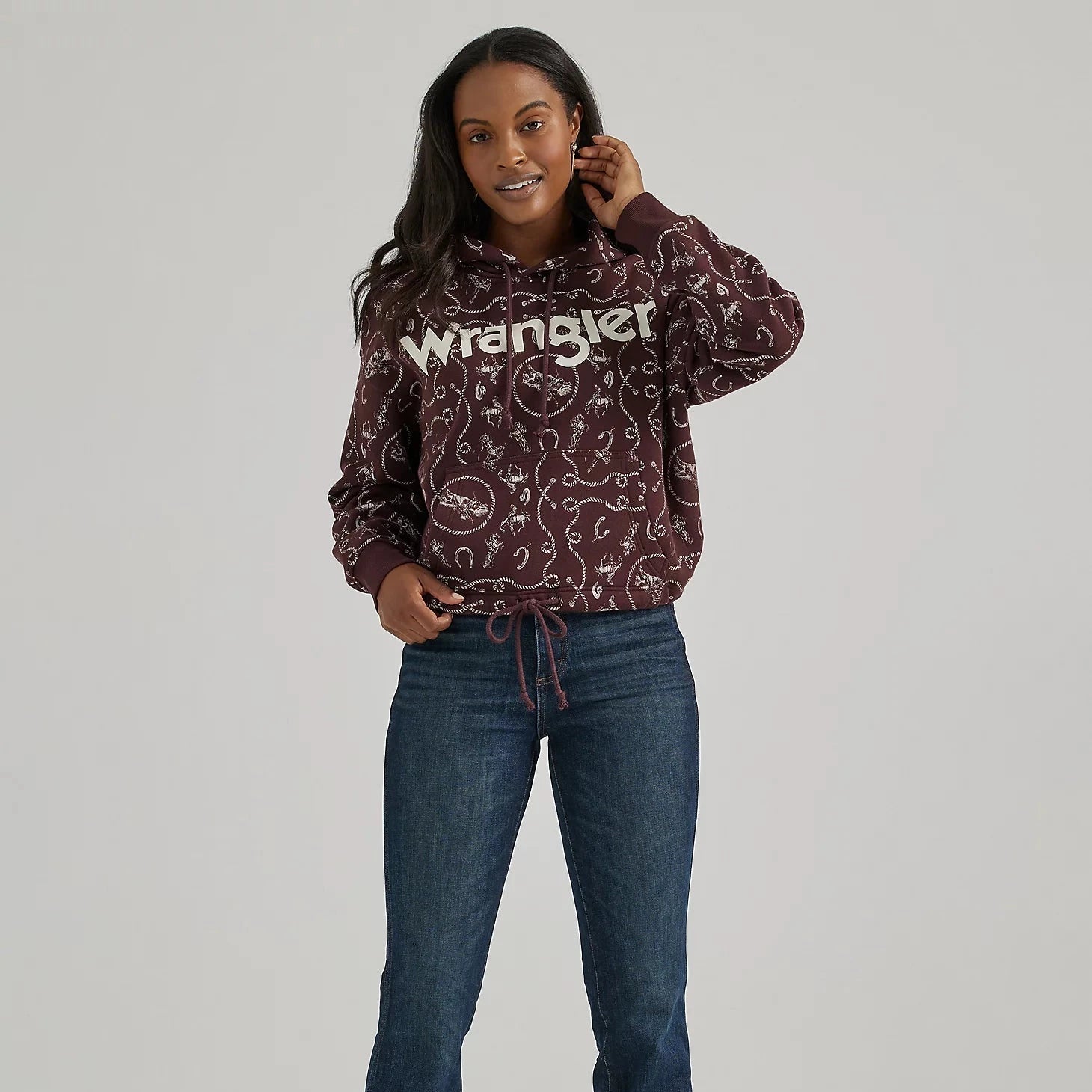 Wrangler Retro Women's All-Over Rodeo Cinched Hoodie in Fudge Hoodie with Set-In Sleeves Structured Classic