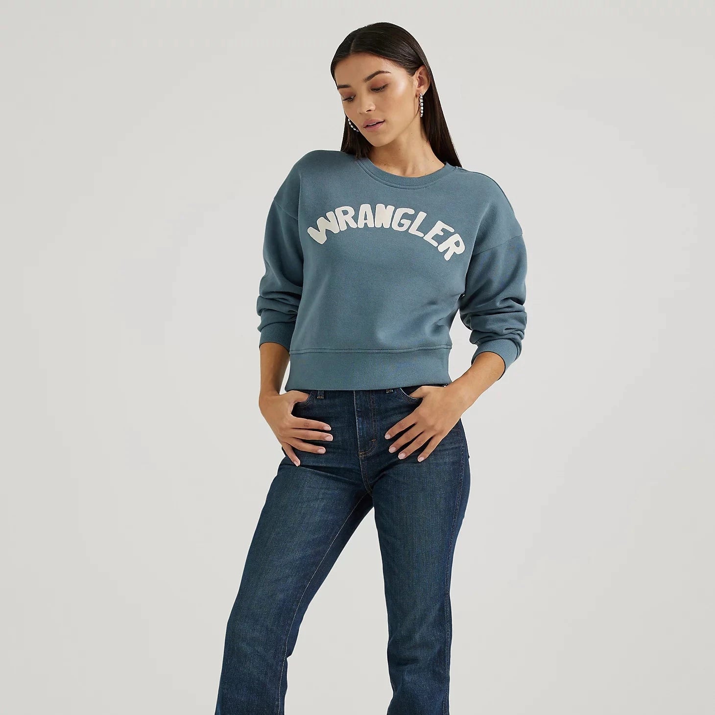 Wrangler Retro Women's Shabby Logo Pullover Sweatshirt in Blue Hoodie with Bell Sleeves Flared Feminine