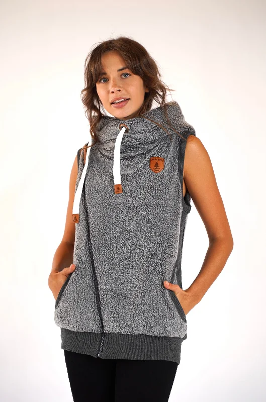 Zoe Sherpa Dark Heather Grey Hoodie Vest Hoodie with Double Zipper Versatile Adjustable