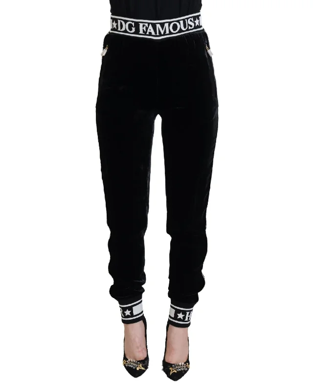 Dolce & Gabbana  DG Famous Velvet Jogger Pants - Black Trendy Tapered Pants