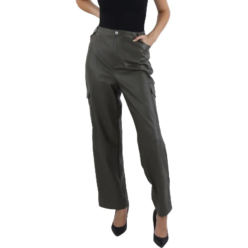 Womens Faux Leather High Rise Cargo Pants Relaxed High-Waist Trousers