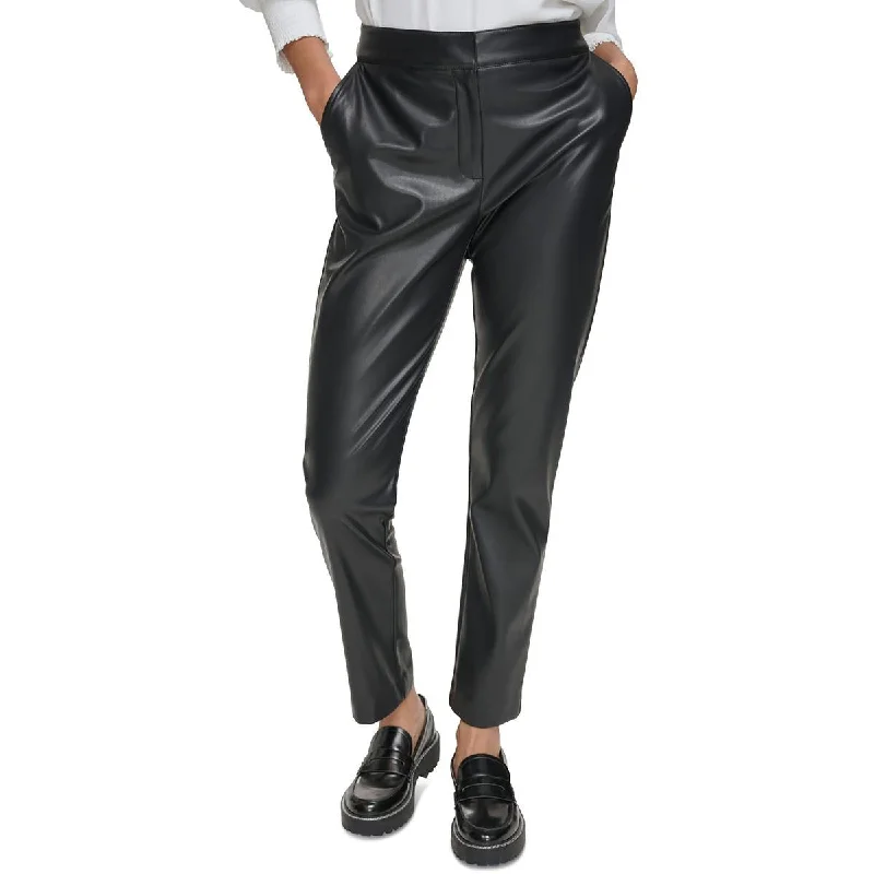 Womens Faux Leather Slim Fit Ankle Pants Warm Wool Trousers