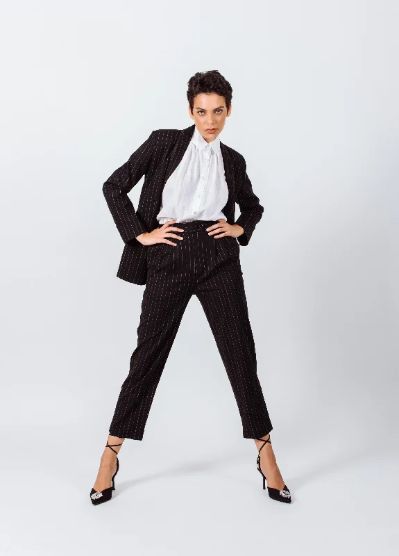 Black Pinstripes Suit Pants Trendy Printed Leggings