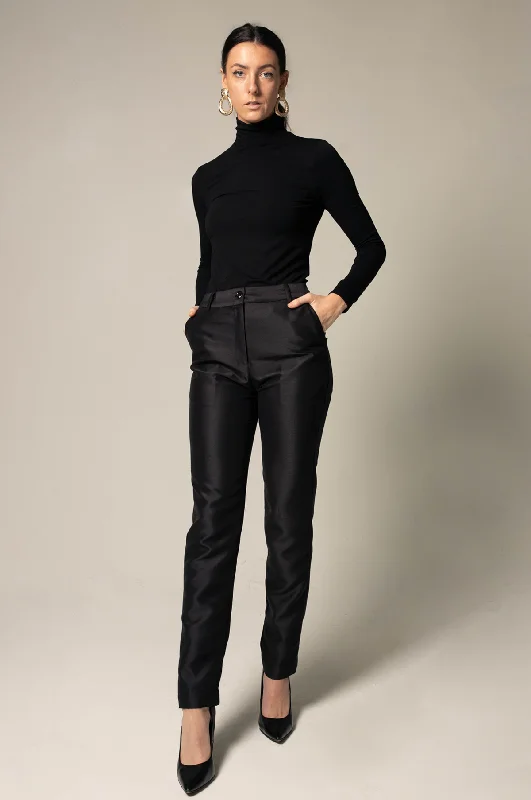 Elegant Skinny Pants in Black Warm Wool Trousers