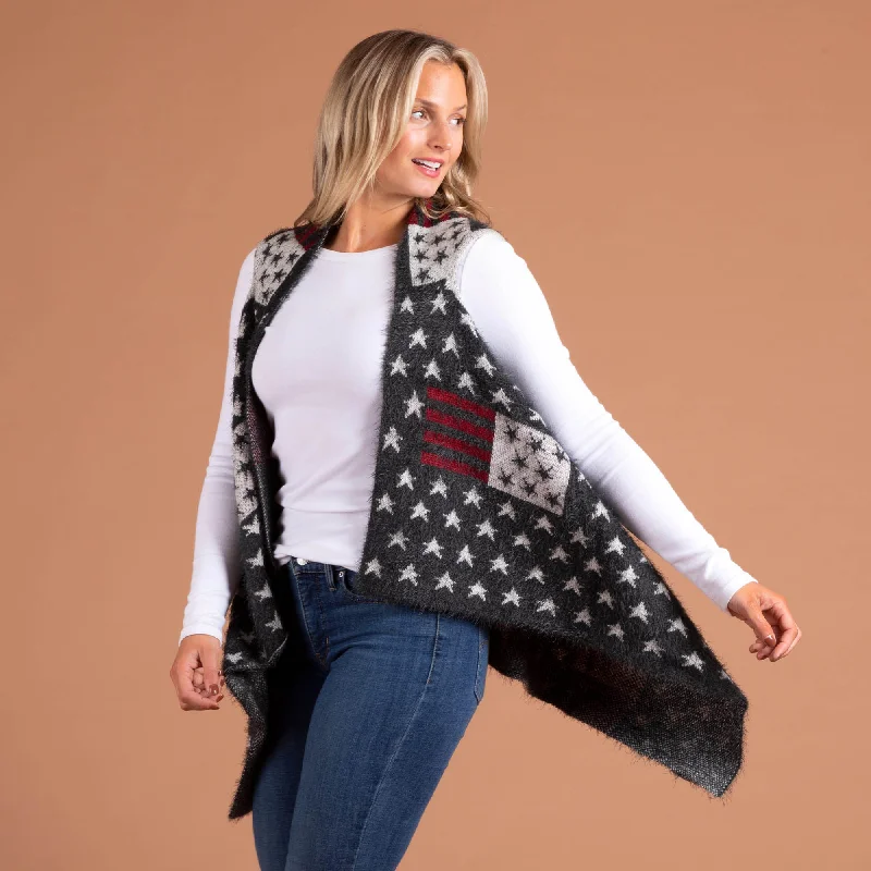 Americana Knit Open Sweater Vest Front Pockets Side Pockets Patch Pockets