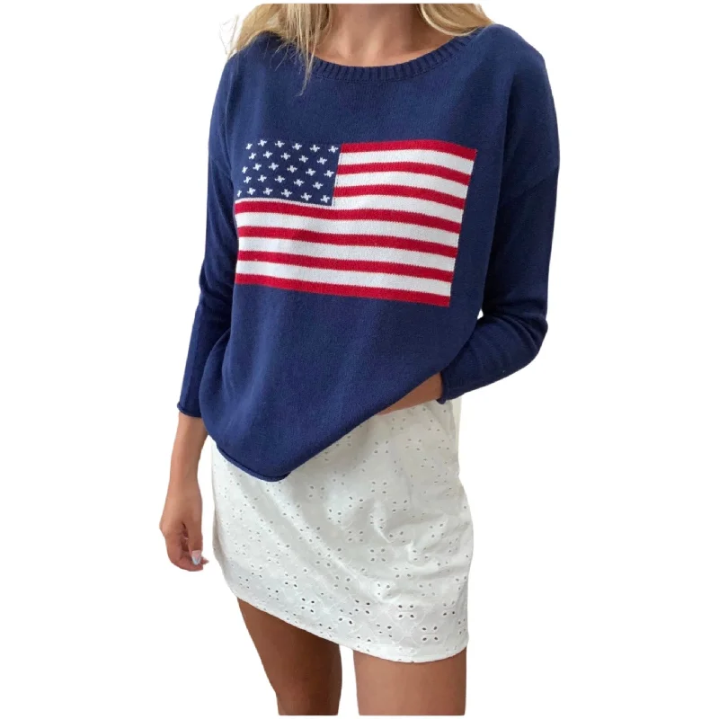 Boxy Americana Flag Sweater in Navy Spandex Blend Rayon Blend Denim Blend
