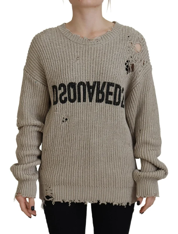 Beige Cotton Knitted Crewneck Pullover Sweater Welt Pockets Slit Pockets Flap Pockets Beige Cotton Knitted Crewneck Pullover Sweater Welt Pockets Slit Pockets Flap Pockets