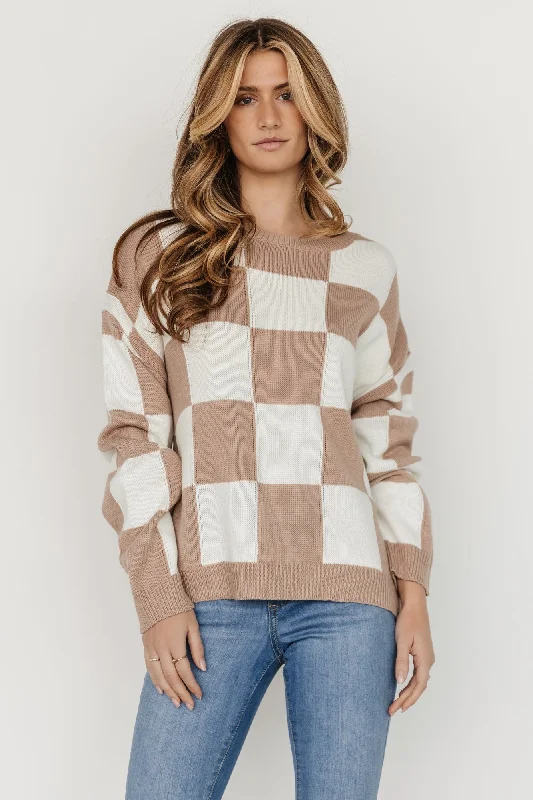 Bella Checkered Sweater | Taupe Silk Blend Satin Velvet