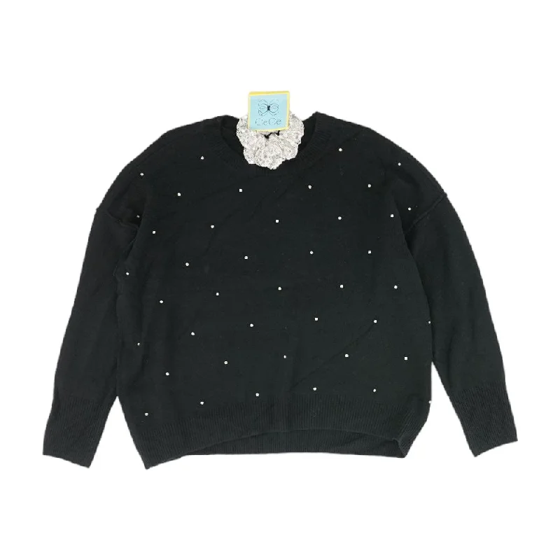 Black Solid Crewneck Sweater Spandex Blend Rayon Blend Denim Blend