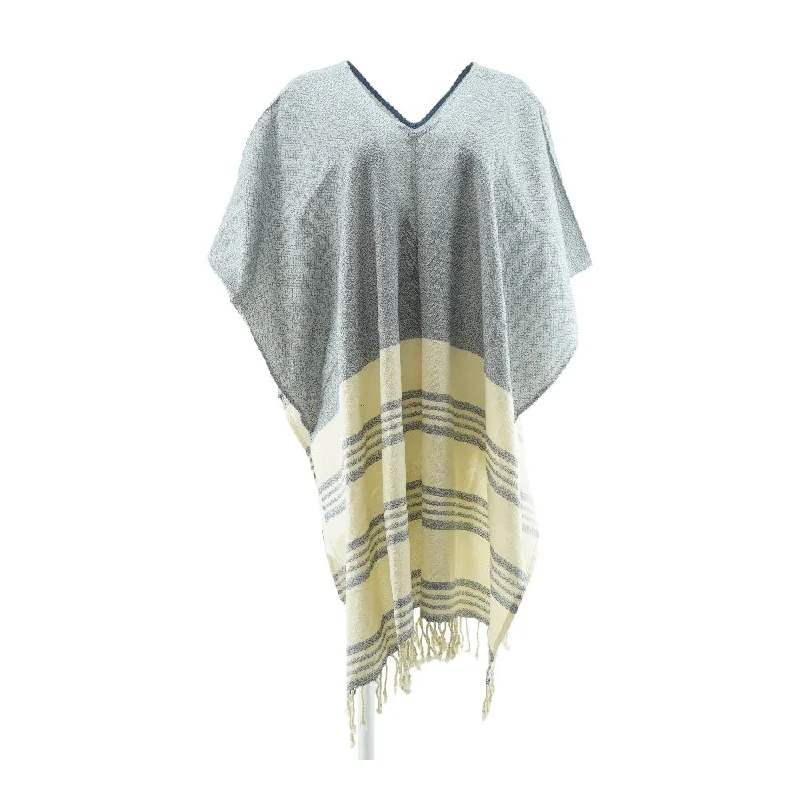Blue Striped Poncho Sweater Hooded Caped Shawl Collar
