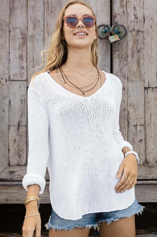 Wooden Ships Shirt Tail V Cotton Sweater Breaker White Solid Print Embellished
