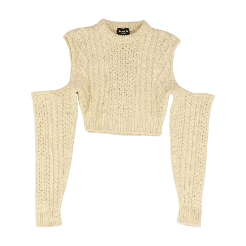 Cropped Cold-Shoulder Cable-Knit Wool-Blend Sweater High Neck Crew Neck V-Neck