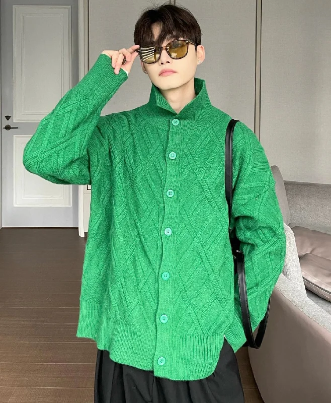 Darion Solid Color Button Up Knitted Long Sleeve Turtleneck Sweater Neon Metallic Matte