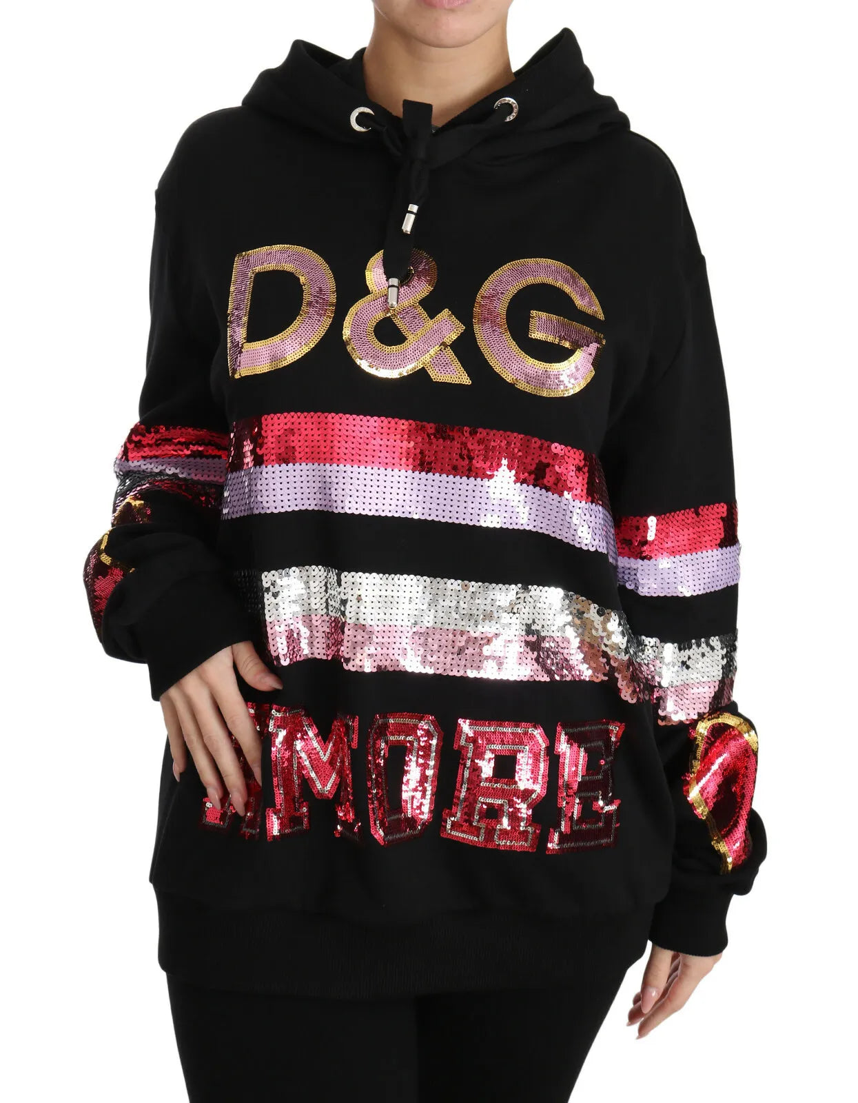 Dg Sequined Hooded Pullover Sweater Soft Cozy Warm