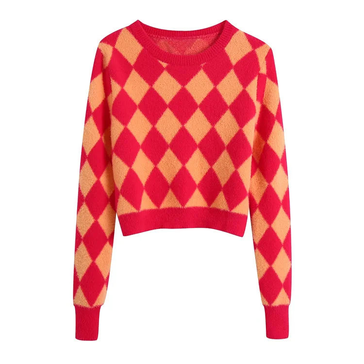 Fashion aging diamond check color blocking knitted short sweater  7521 Collared Crew Neck Turtle Neck