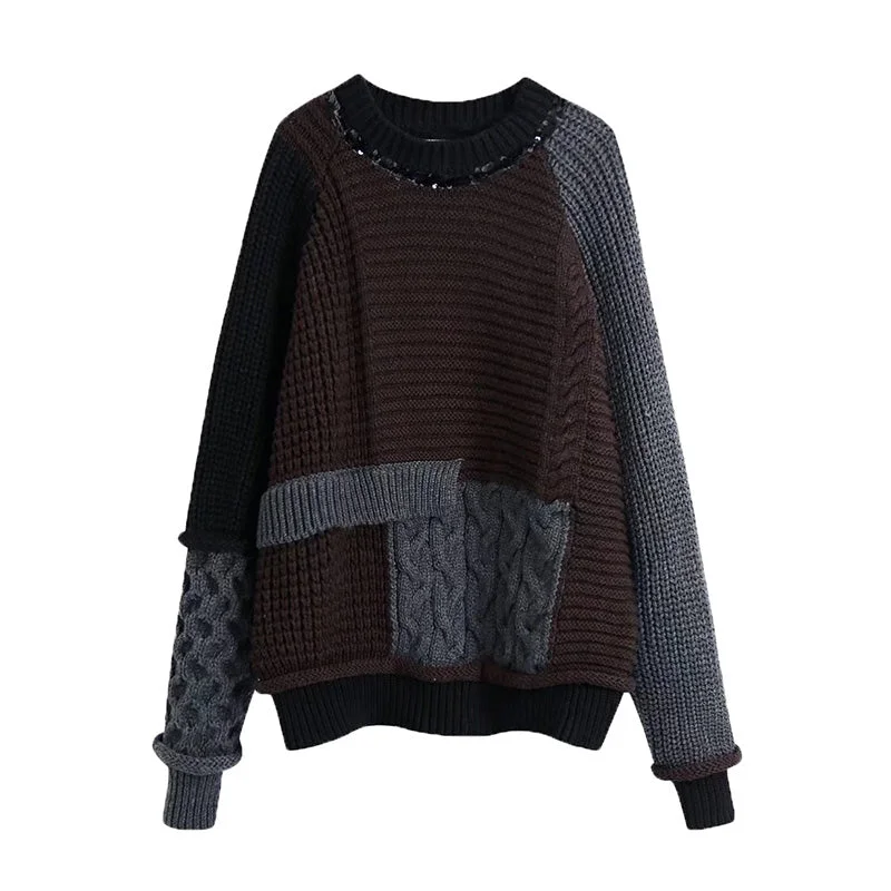 Fashion loose round neck Beaded patchwork sweater  7512 Glossy Satin Silk